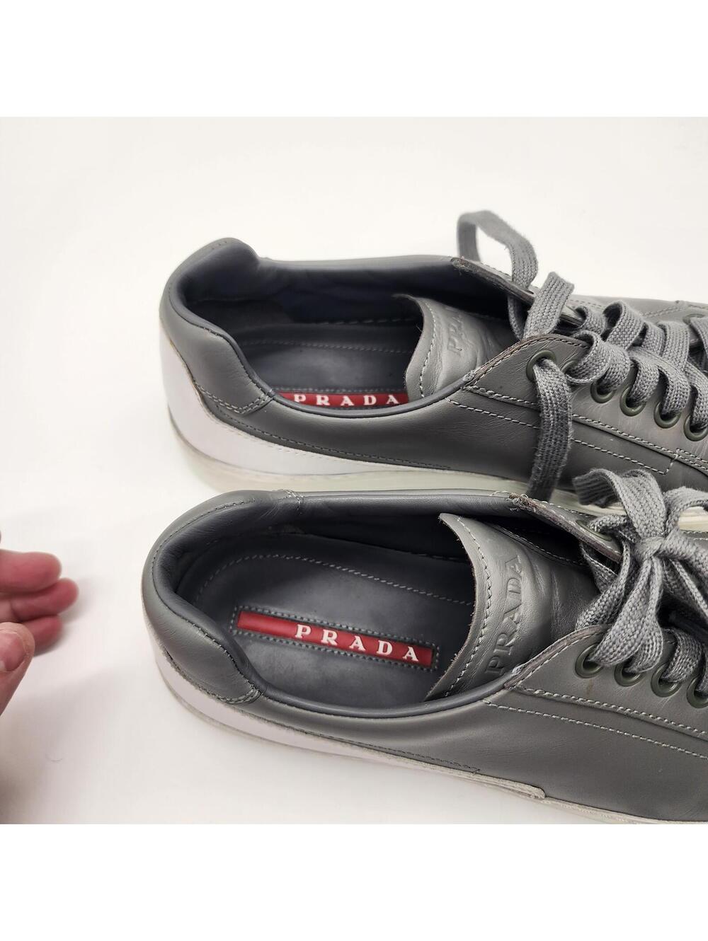 Prada Gray Leather Low Top Lace Up Sneakers 2831 Luxury Designer Shoes 10 - Picture 7 of 8